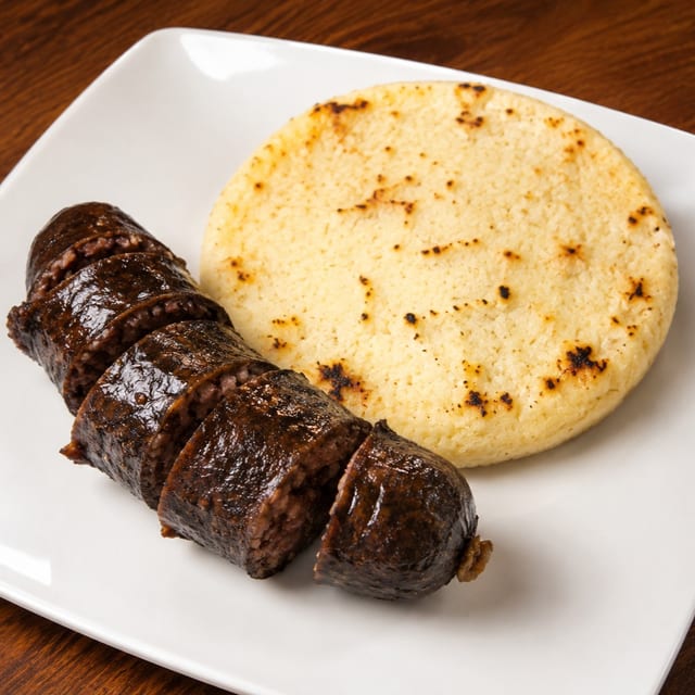 Morcilla con arepa grande frita o asada.